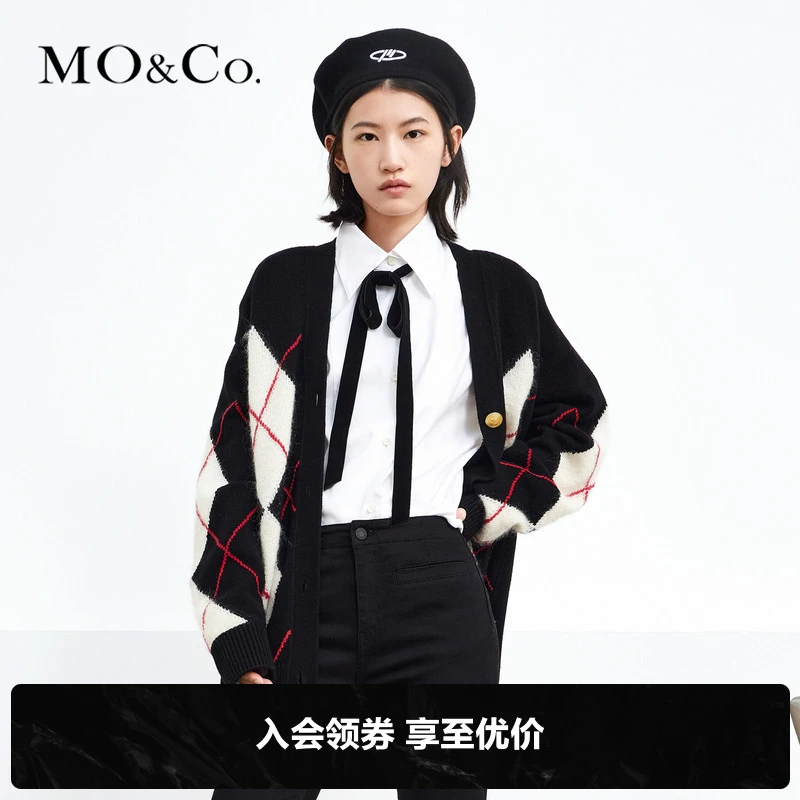 MOCO秋冬学院风菱形格宽松时尚长袖长袖针织衫开女士衫MBB4CART04