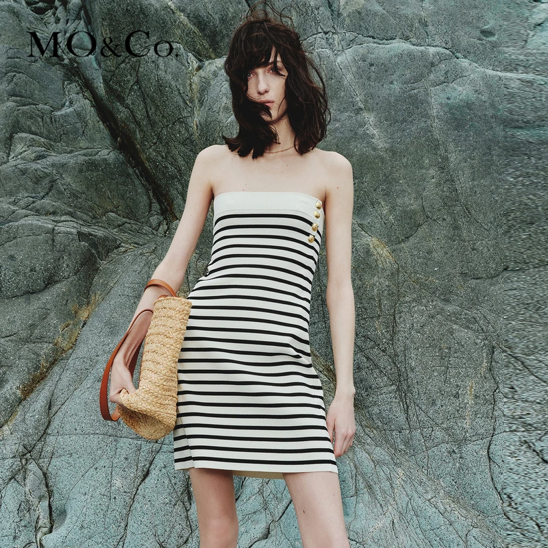 MOCO夏条纹平口吊带裙连衣裙法式气质海边度假MBC2DRS070