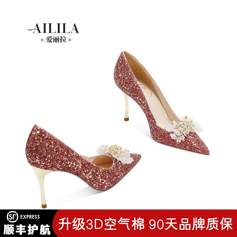 爱丽拉红色婚鞋女2024新款细跟中式秀禾服新娘高级感宴会新娘鞋