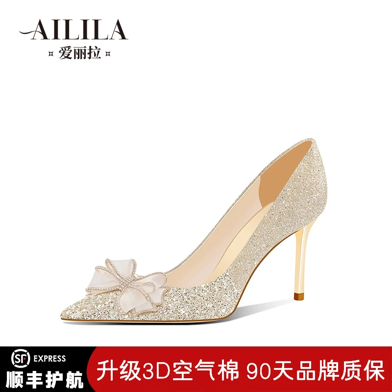 爱丽拉婚鞋女2024新款香槟色蝴蝶结禾主秀婚纱宴会两穿法式新娘鞋