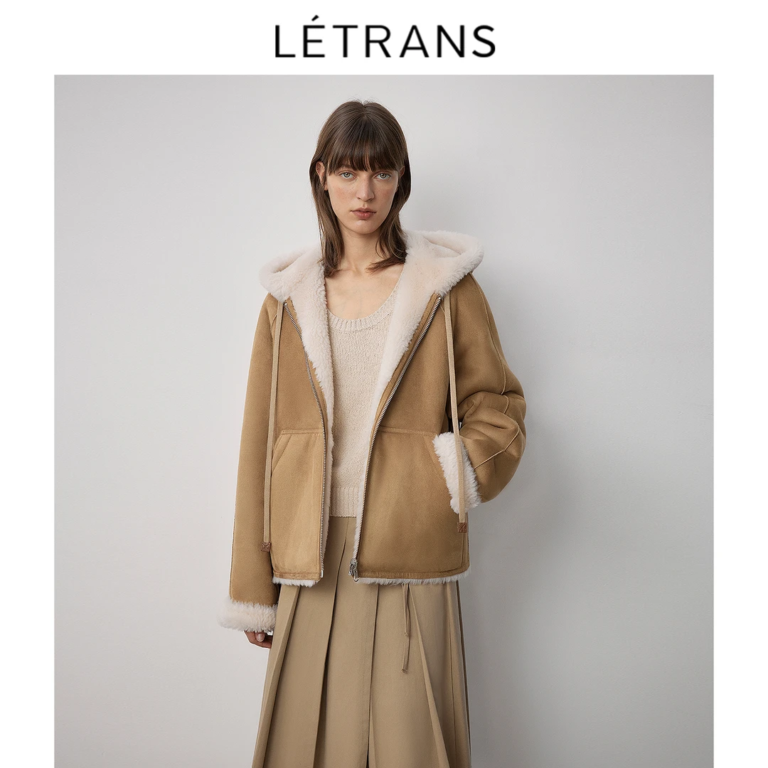 元一Letrans 羊剪绒外套女仿皮毛一体连帽皮草大衣女2023新款冬款