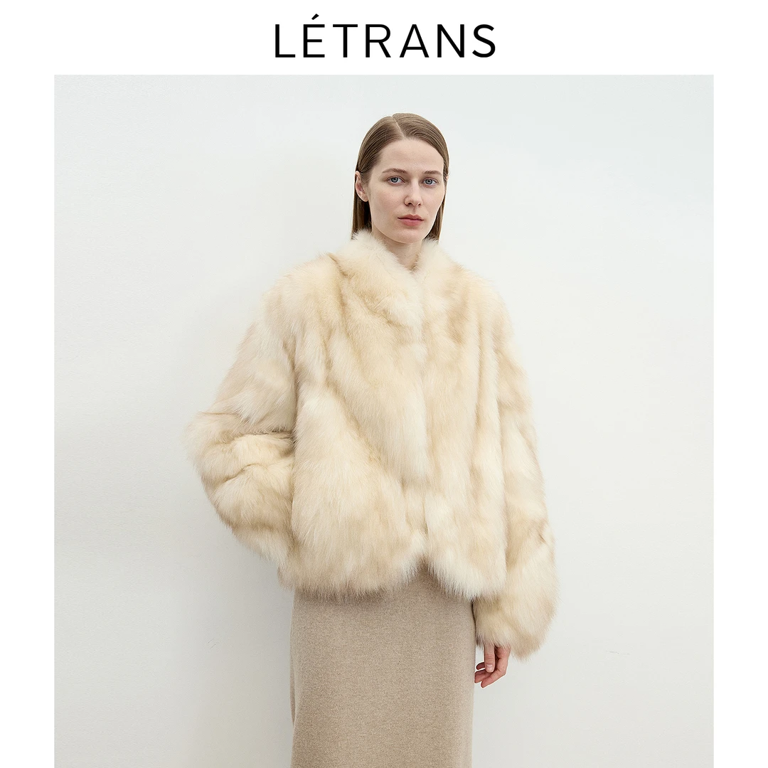 元一Letrans   莫奈花园V领喷色双色感狐狸毛外套