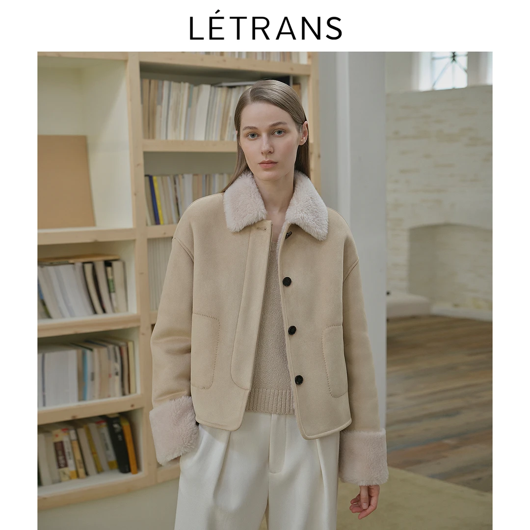 元一Letrans【达人专属】新品微甜拿铁翻领直身短款羊剪绒外套