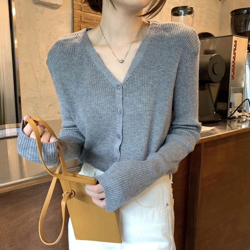 针织衫女v领开衫2025新款黑色薄款打底上衣秋装灰色内搭毛衣外套