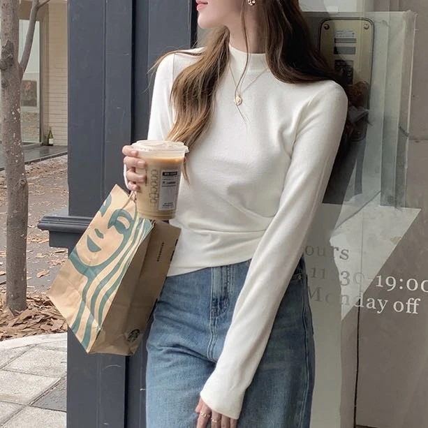 1996款半高领磨毛加薄绒保暖高弹力螺纹棉打底衫女款秋冬