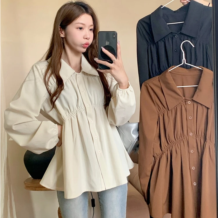 秋季收腰正肩长袖衬衫女显瘦遮肚子荷叶边娃娃衫上衣66199#