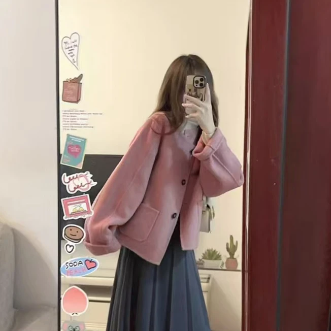 法式学院风秋冬小个子时尚显瘦设计感小香风粉色毛呢外套女5010#
