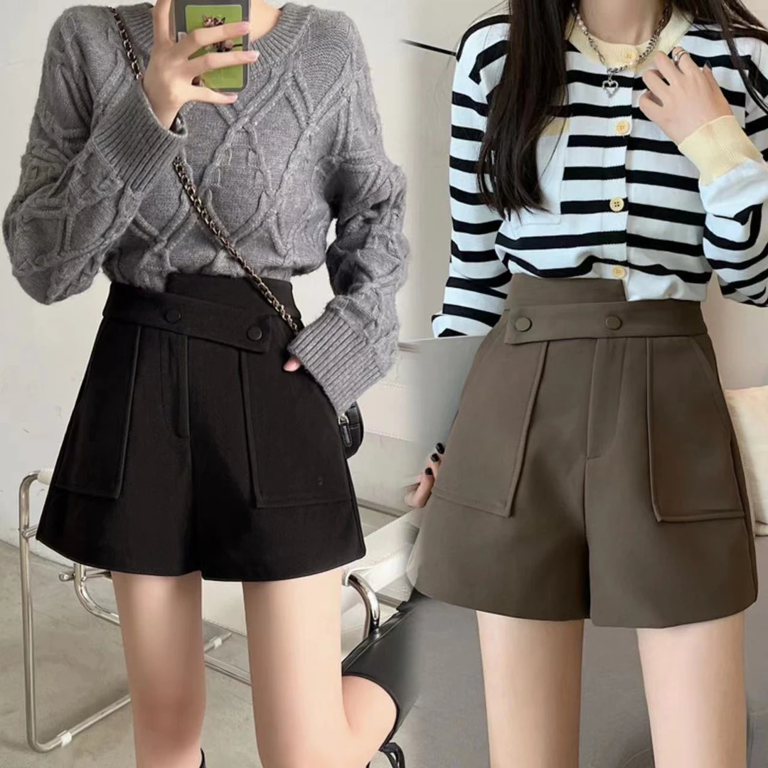 7208#GY不规则毛呢a字阔腿裤秋冬大码显瘦外穿裤子靴裤休闲短裤