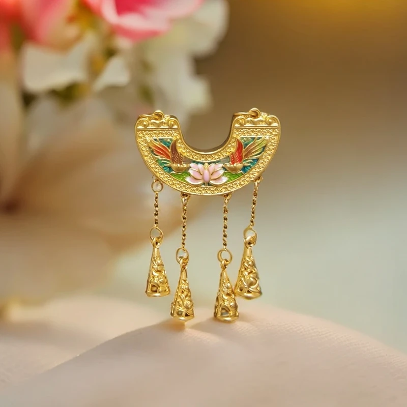 硬足金【凤凰流苏弯管吊坠】宫廷黄金古风民族风彩色烧蓝古法中古