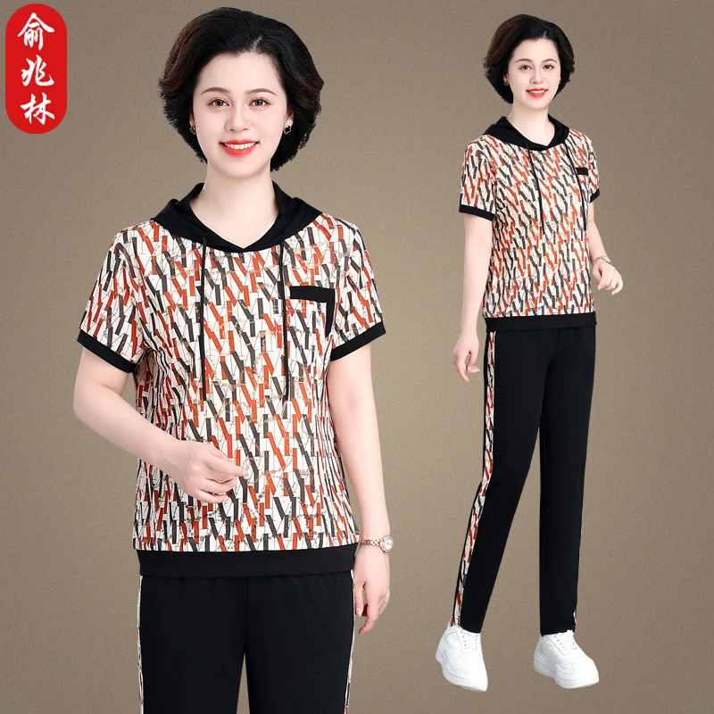 俞兆林中老年女夏季洋气套装妈妈夏装连帽短袖上衣休闲运动两件套
