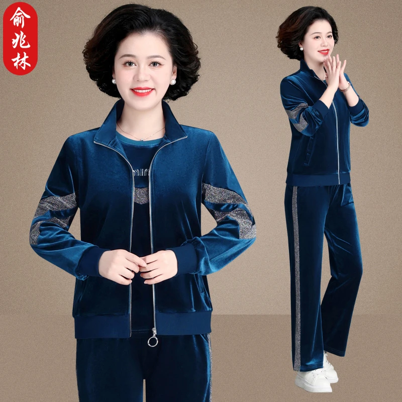 俞兆林妈妈秋装金丝绒运动套装时尚洋气质中老年女春秋休闲三件套