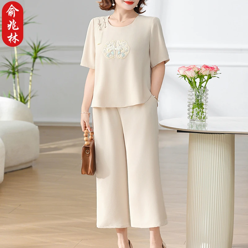 俞兆林中年妈妈夏季国风套装气质短袖T恤中老年女休闲上衣两件套