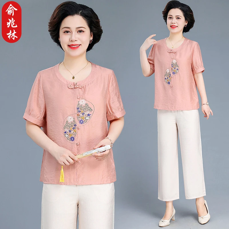 俞兆林妈妈装夏季国风套装大码洋气中老年女夏装短袖新中式上衣服
