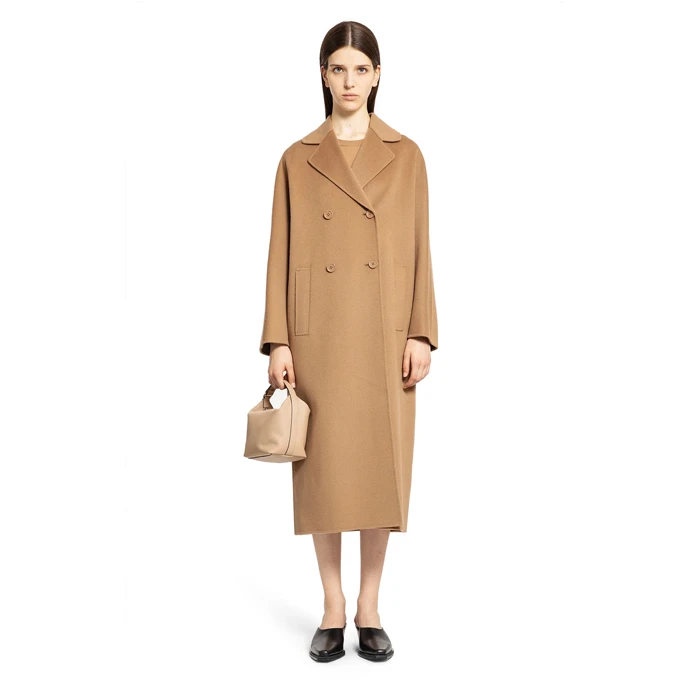 奢邦/Maxmara/纯色翻领宽松纽扣长款大衣 女款 深棕色 CAPI