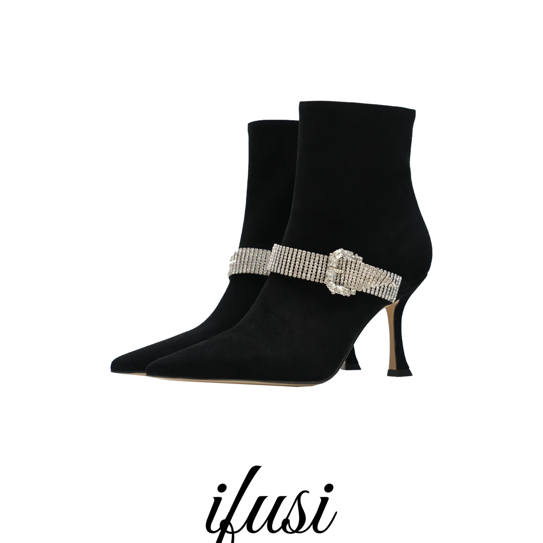 极简设计时尚钻带轻奢羊猄尖头短靴  759-5