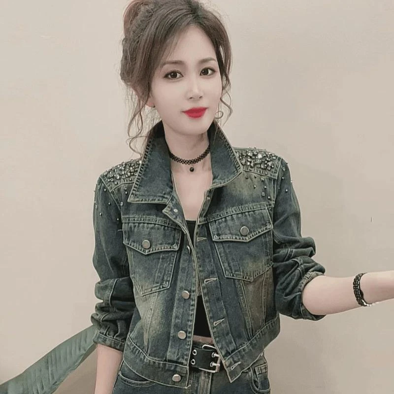 2024牛仔外套女欧货钉珠款牛仔上衣早秋烫钻高级感短款设计感新款