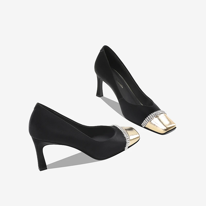 黑色浅口高跟鞋真皮2025春夏时尚气质百搭女士职业方头细跟单鞋子