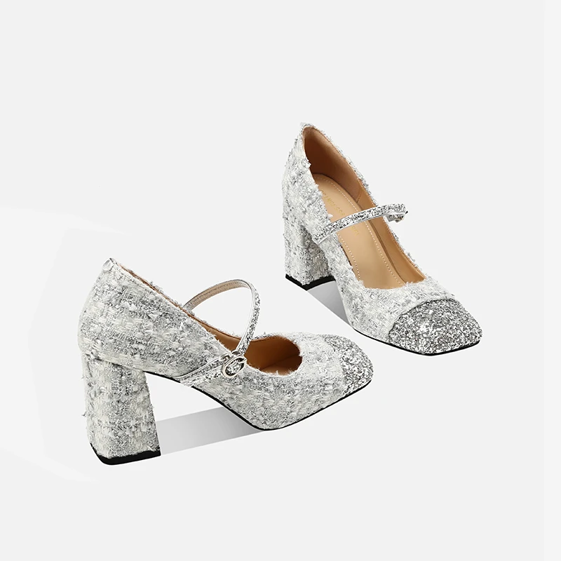 时尚气质玛丽珍鞋2025春季百搭粗跟小香风婚鞋银色浅口高跟鞋走秀