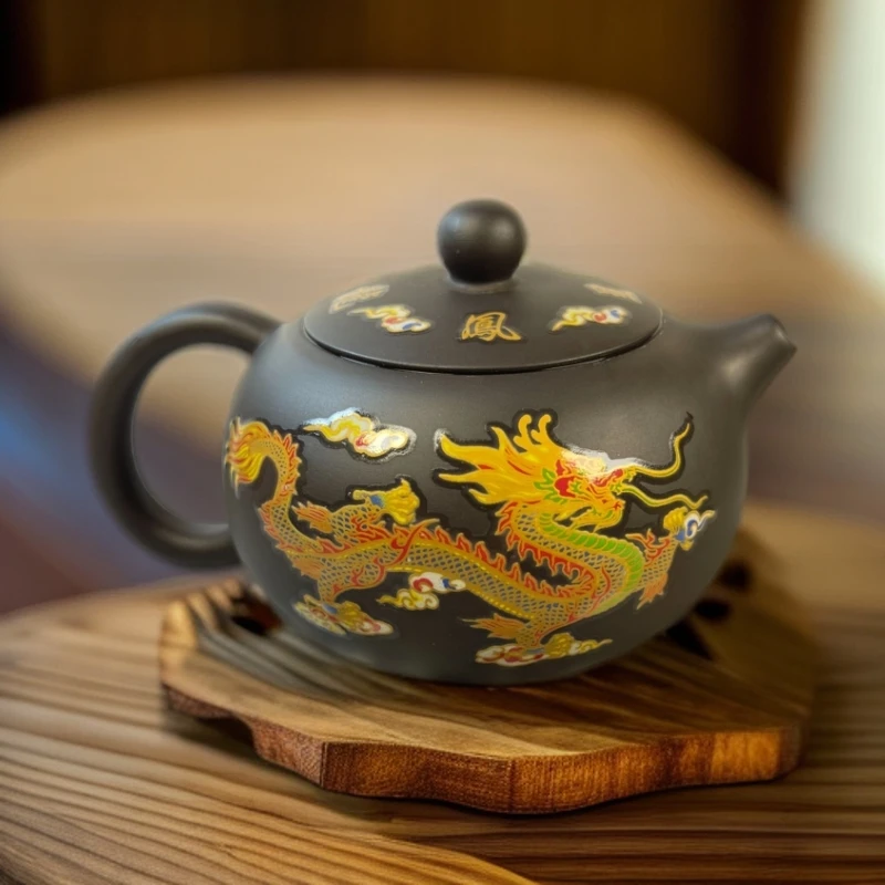 紫泥原矿变色龙凤紫砂壶