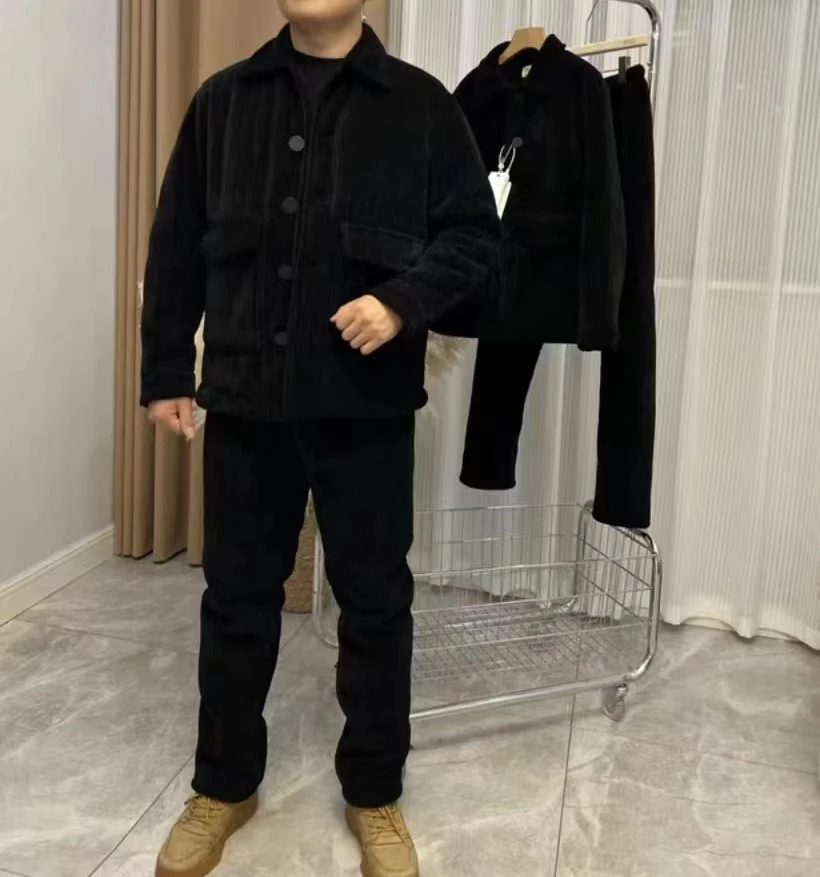 【苏妃儿优选】三层加厚男款翻领雪尼尔黑金绒冬套装