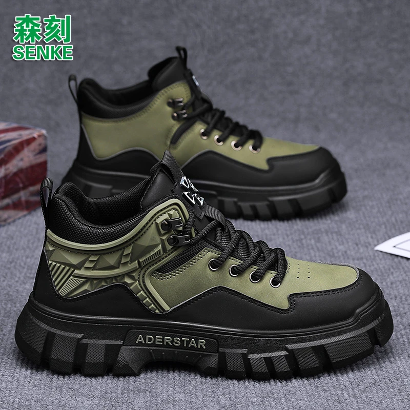 森刻男鞋2024新款厚底工装靴高帮潮鞋秋冬百搭防水防滑耐磨马丁靴