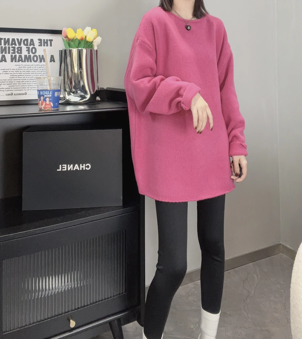 相菲一2024秋冬新款慵懒风休闲针织衫韩版宽松一字领卷边时尚毛衣