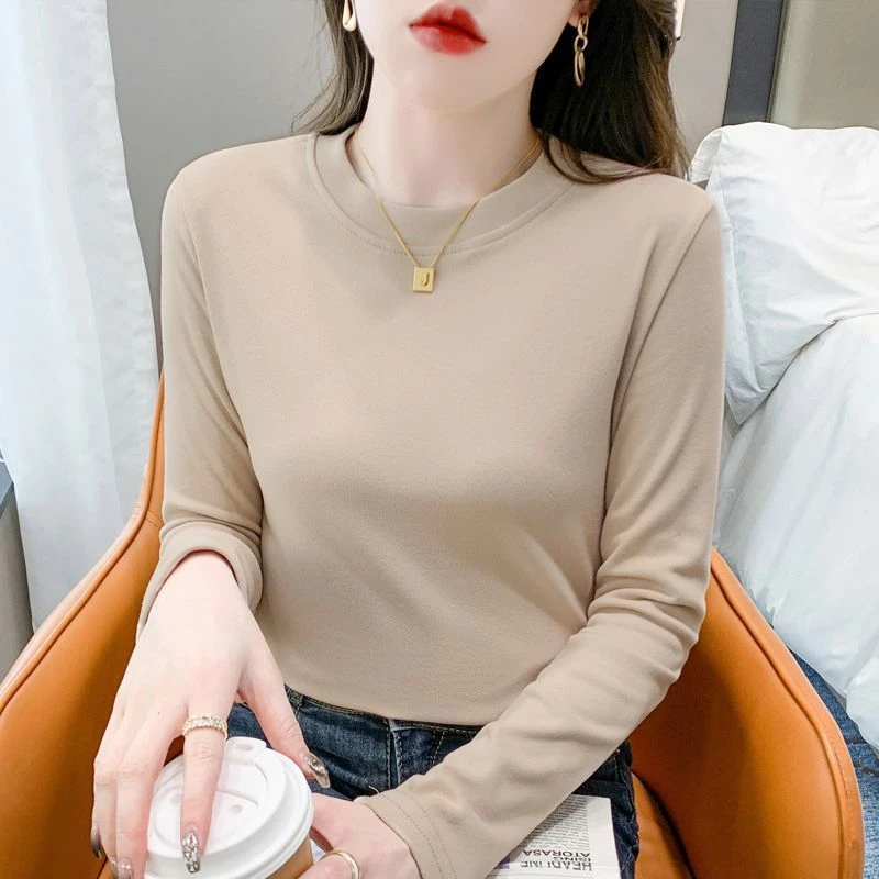 长袖百搭女德绒打底衫女2024早秋季新款内搭秋冬修身白色圆领上衣