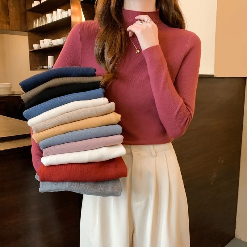 秋冬季新款纯色德绒打底衫百搭长袖修身显瘦半高领内搭衫T恤女潮