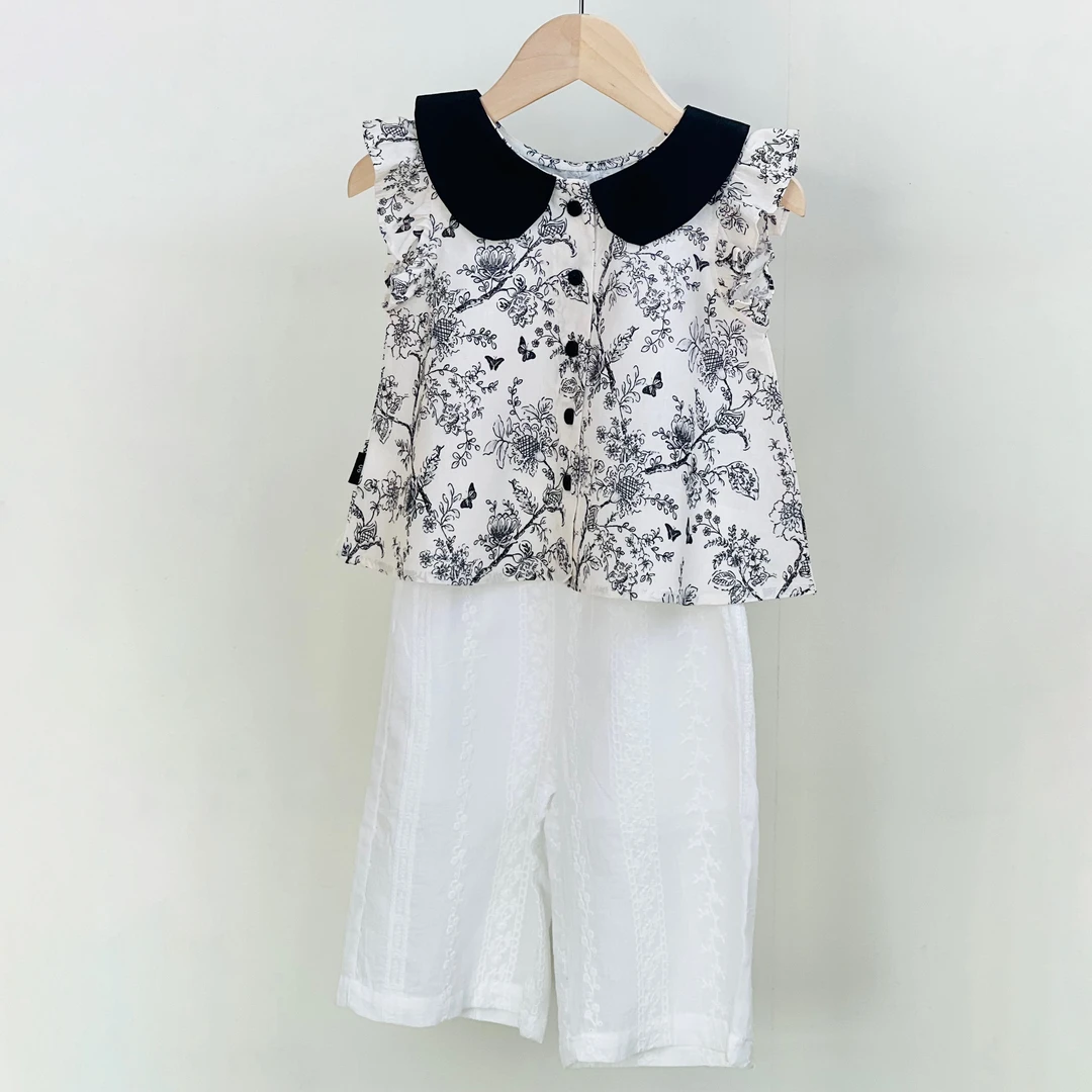 2024夏季新款女童套装无袖中小童韩版洋气女宝衬衫蕾丝阔腿裤印花