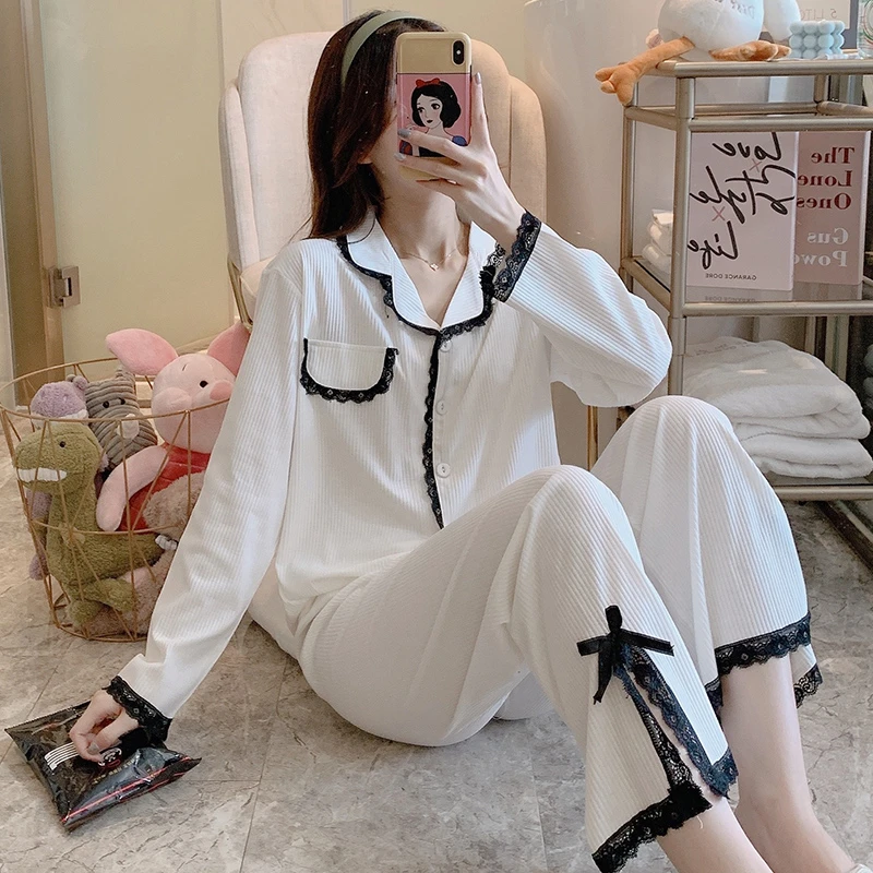 睡衣女士春秋季新款长袖纯棉韩系学生简约甜美青年家居服大码套装