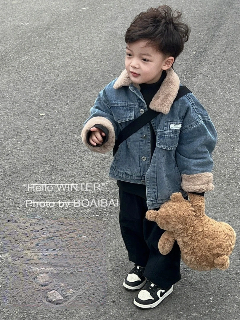 男童牛仔外套秋冬款加绒加厚儿童保暖洋气小童韩版翻领冬季