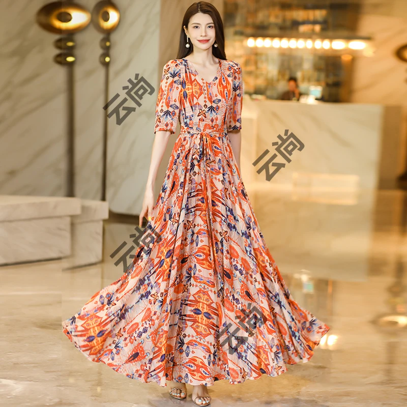 印花宽松连衣裙2025夏季新款法式复古时尚气质大摆裙收腰显瘦长裙
