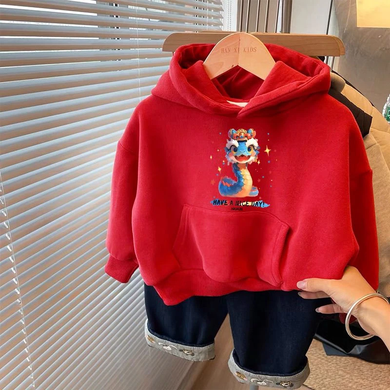 男童加绒卫衣新年喜庆2025中大童秋冬女童红色连帽休闲儿童