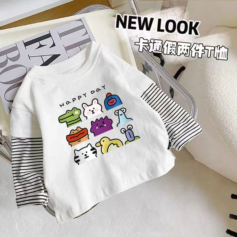 假两件条纹长袖T恤男女童纯棉春秋季中小童拼接撞色韩版打底上衣