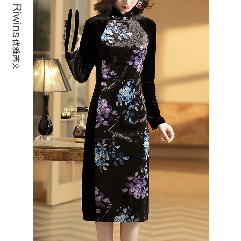 中年妈妈长袖碎花旗袍改良版金丝绒连衣裙196106