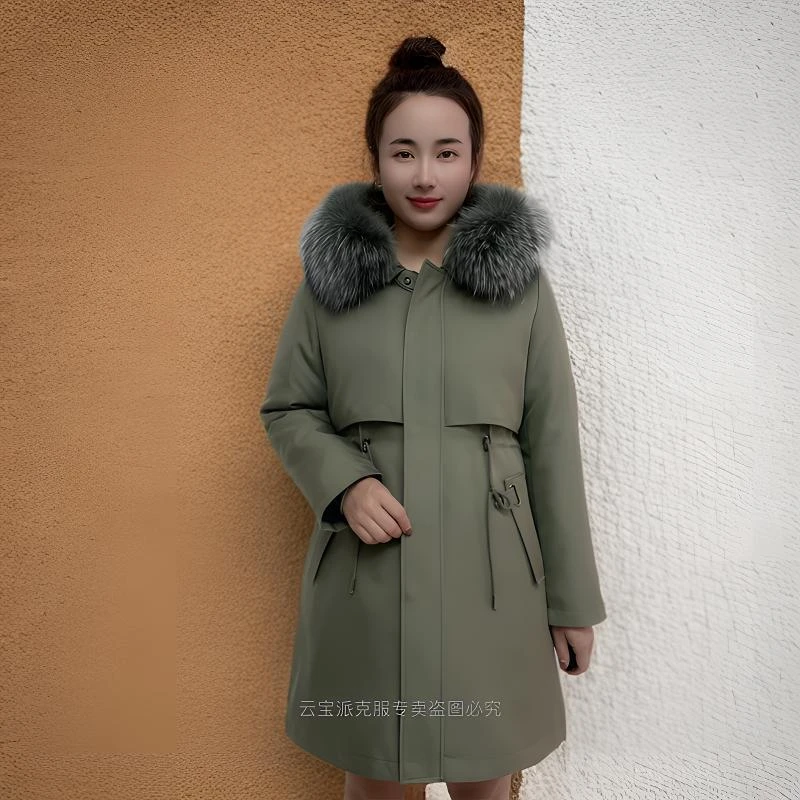 双内胆飘带新款秋冬季连帽加厚款女士中长款休闲大毛领女款派克服