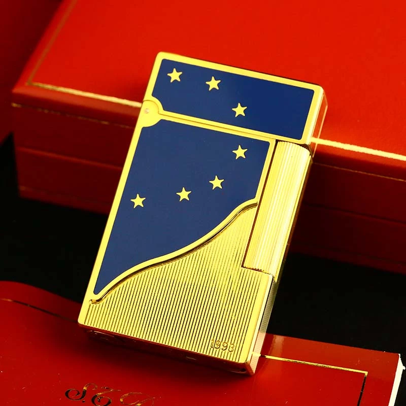 S.T. Dupont/都彭充气打火机L2大号1993间金竖条蓝色中国漆欧罗巴