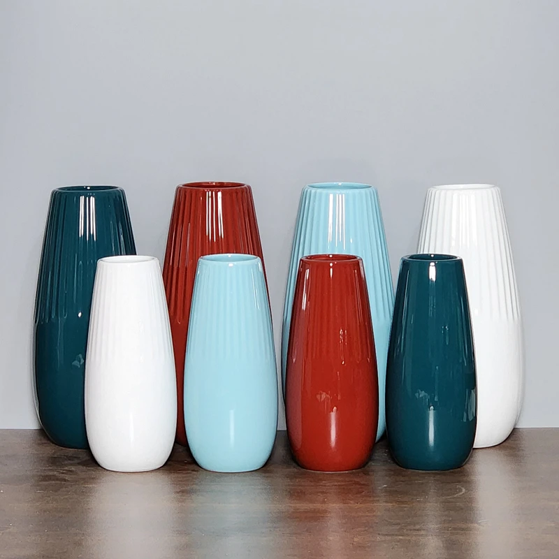 竖纹陶瓷花瓶简约创意ins风白绿色水养家用插花客厅茶几台面摆件