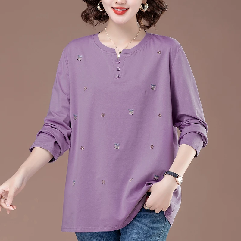 妈妈上衣2023秋款纯棉初秋新款中长款全棉长袖t恤女薄款大码200斤