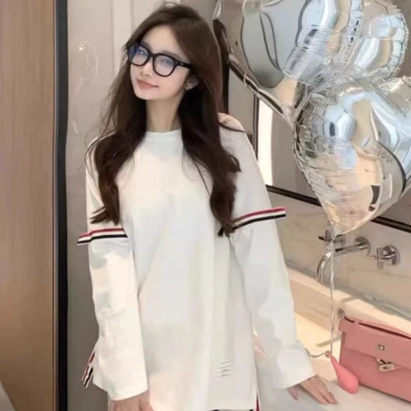 2024秋冬新款宽松白色加绒长袖T恤女潮牌小众女织带中长款上衣