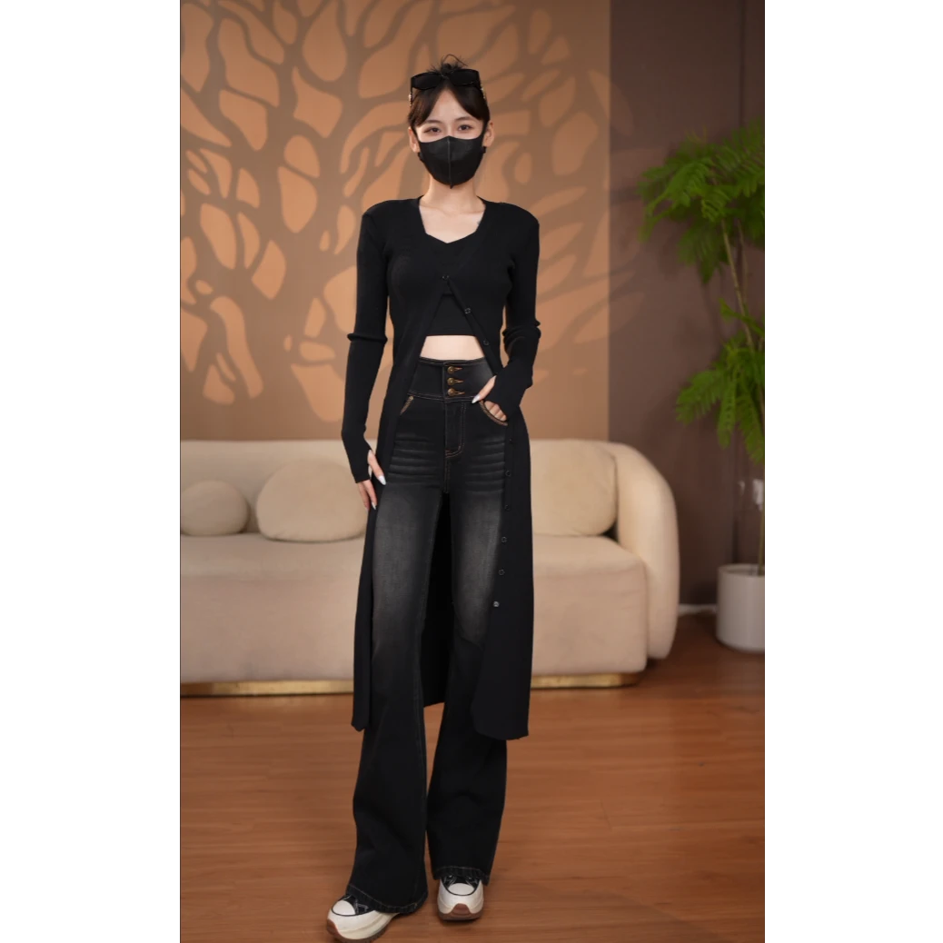 【黑色】微喇裤镭射春秋2025牛仔裤女喇叭裤显瘦微喇叭弹力高腰