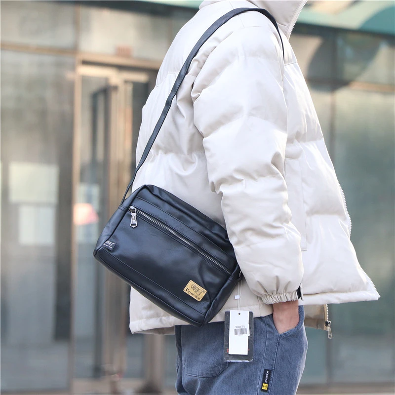 Threebox韩版日系男包休闲软皮横款男士单肩包复古斜挎包学生挎包