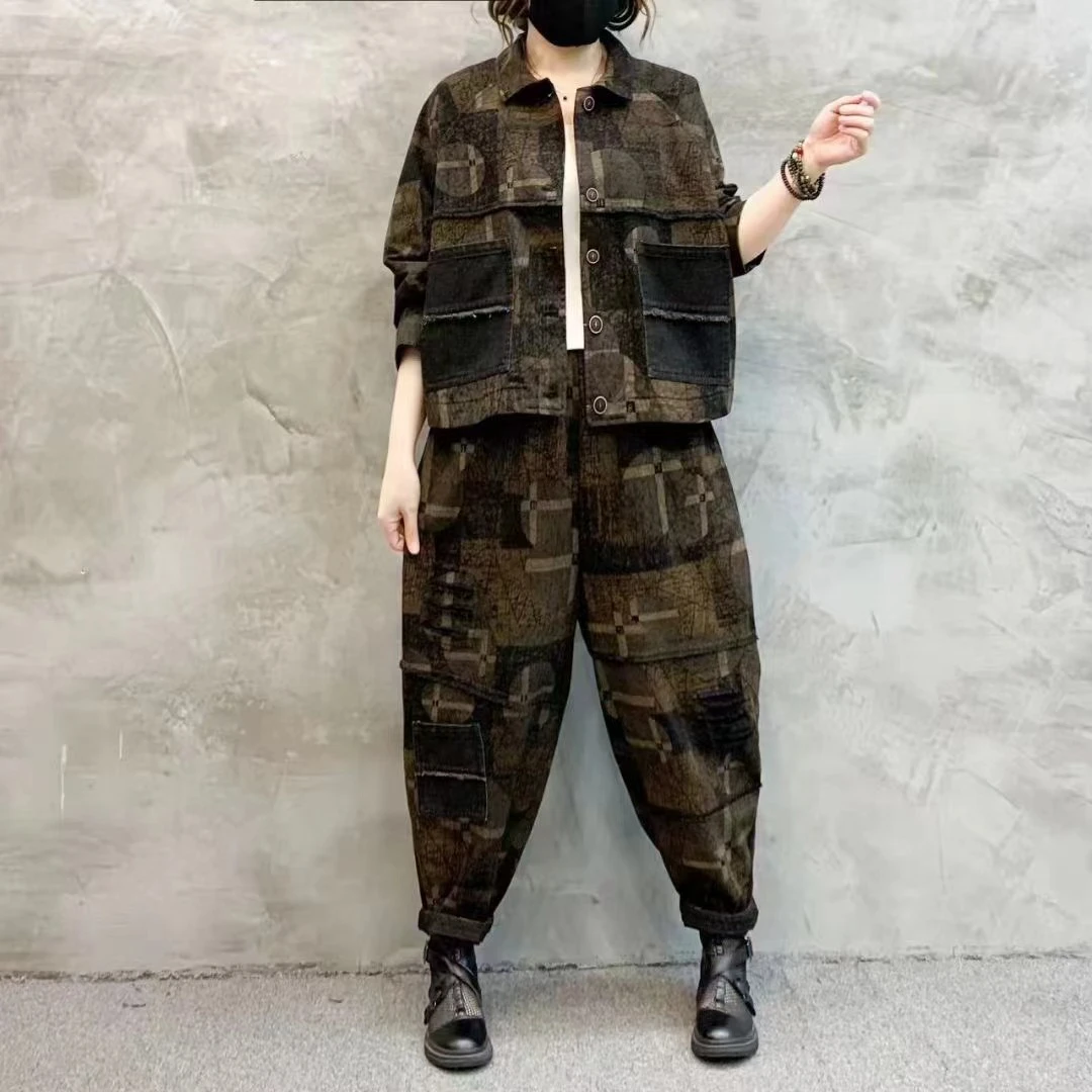 复古时尚牛仔套装女春季新款大码洋气减齢贴布外套文艺女士两件套