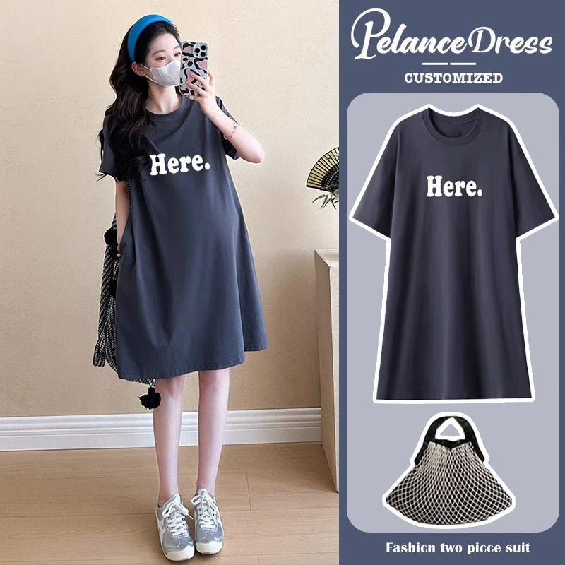 孕妇上衣中长款短袖t恤裙连衣裙女夏季英文字母大码宽松夏装裙子