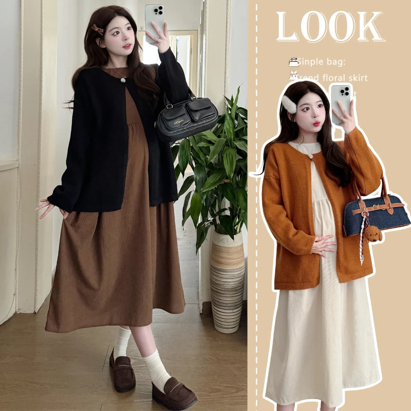 2025孕妇装秋冬季法式中长款连衣裙橘色毛衣外套孕妇气质显瘦裙
