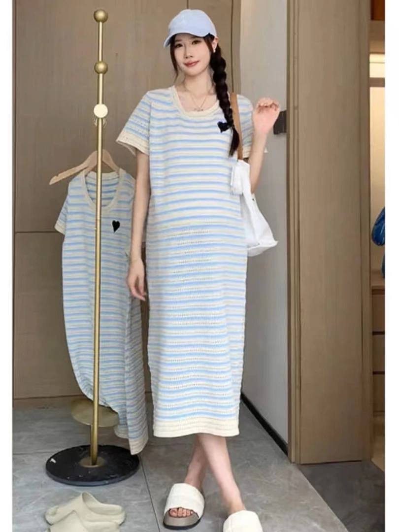 2025孕妇夏装新款条纹宽松短袖T恤裙子时尚小个子孕妇连衣裙夏季