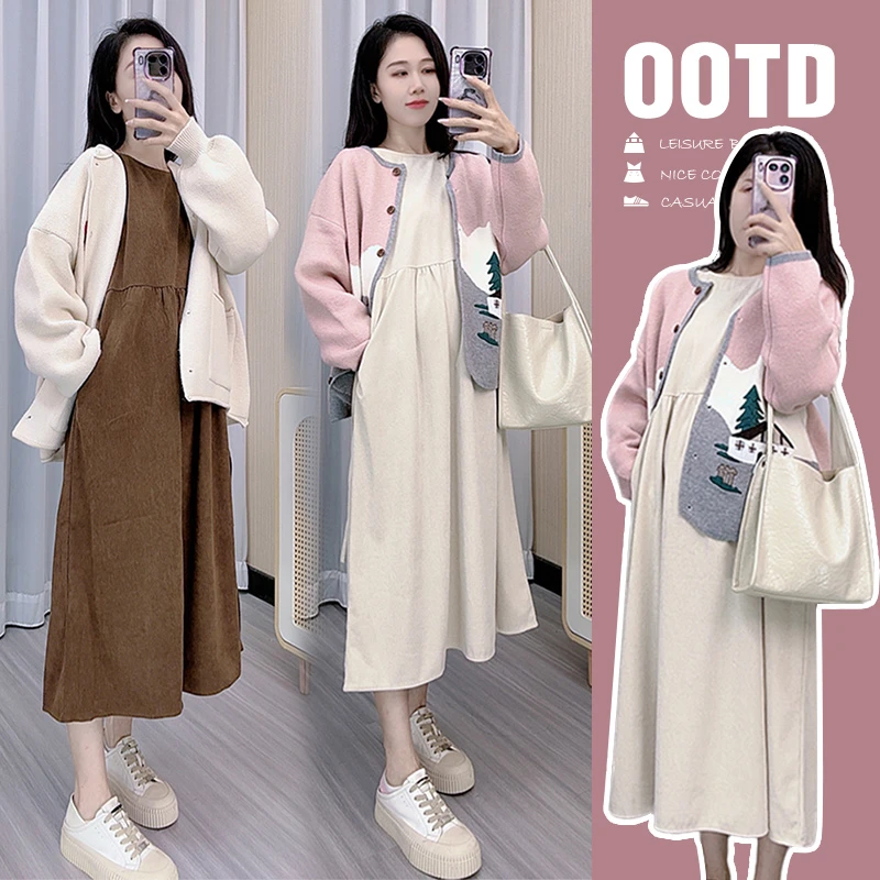 孕妇装2025秋装新款连衣裙上衣开衫长裙子两件套装孕妈妈春秋季款