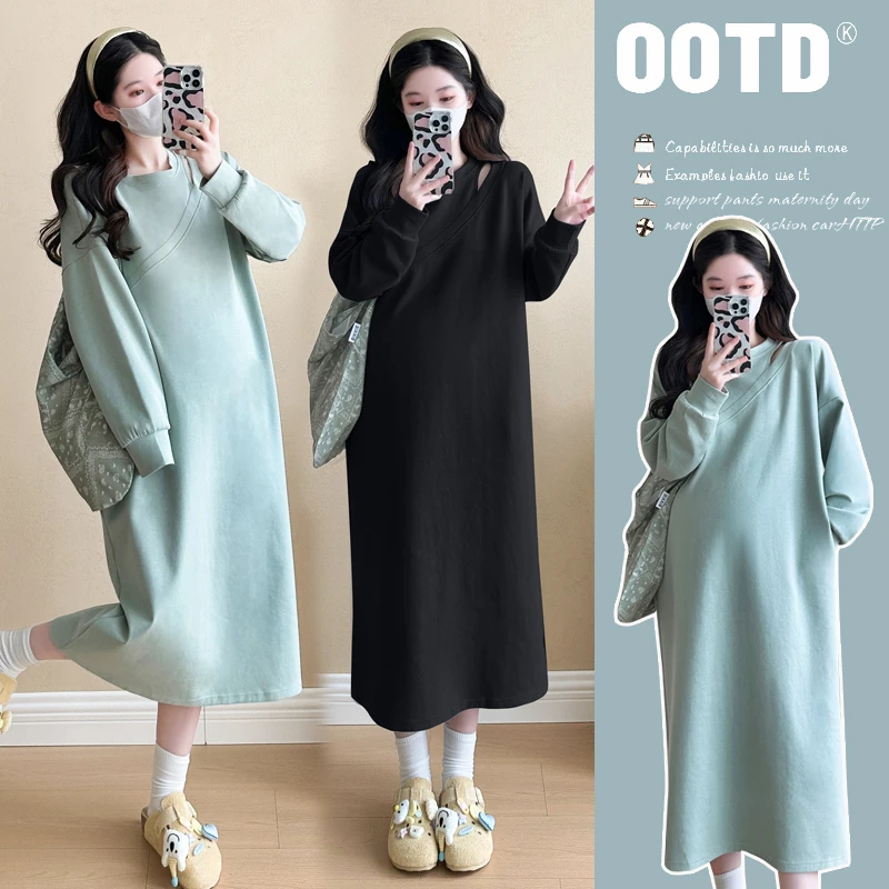 孕妇秋装连衣裙高级感时尚大码2025新款宽松显瘦纯色裙子女秋冬季