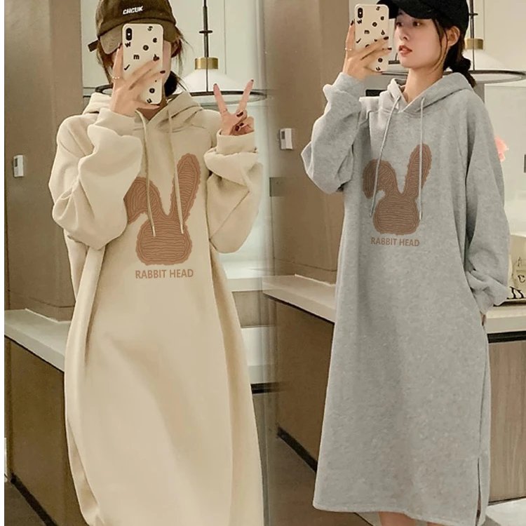 孕妇装秋季连衣裙时尚2025新款连帽慵懒卫衣裙长袖长款冬卡通兔子