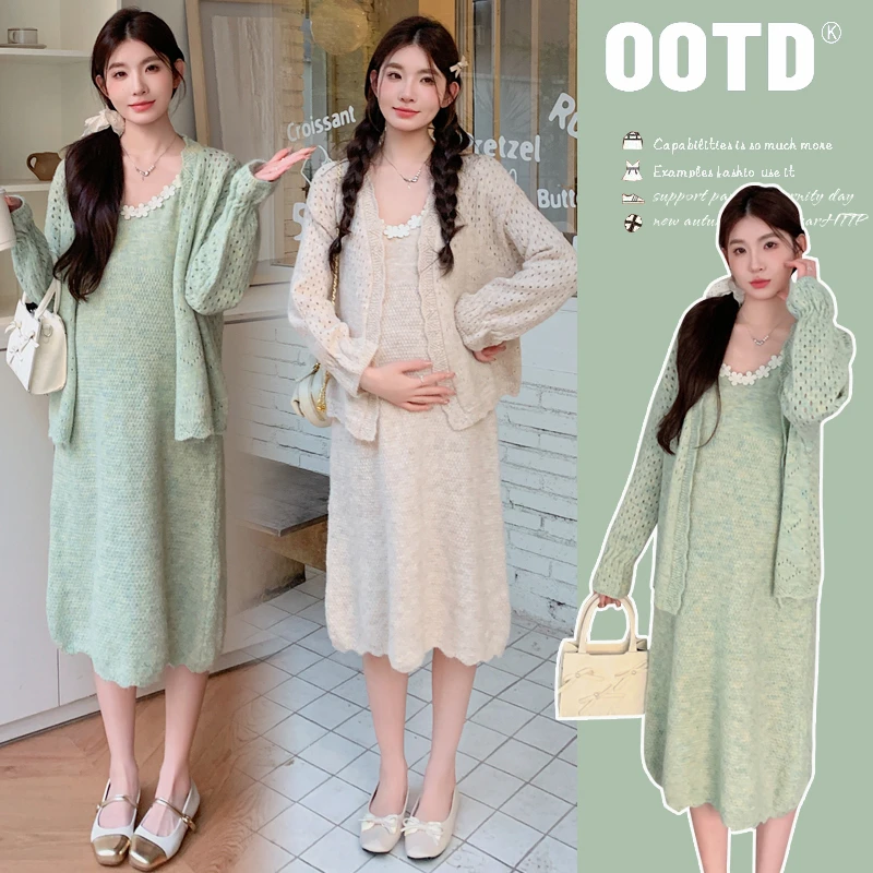 2025孕妈秋冬新款毛衣两件套背心连衣裙镂空设计开衫套装软糯亲肤